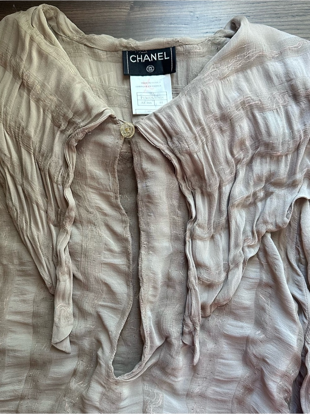 Vintage Chanel 1999A Silk Metallic Gauze Sailor Collar Blouse Taupe CC Button 44 - Picture 7 of 17